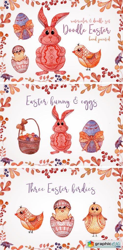 Doodle Easter Watercolor Set Clipart