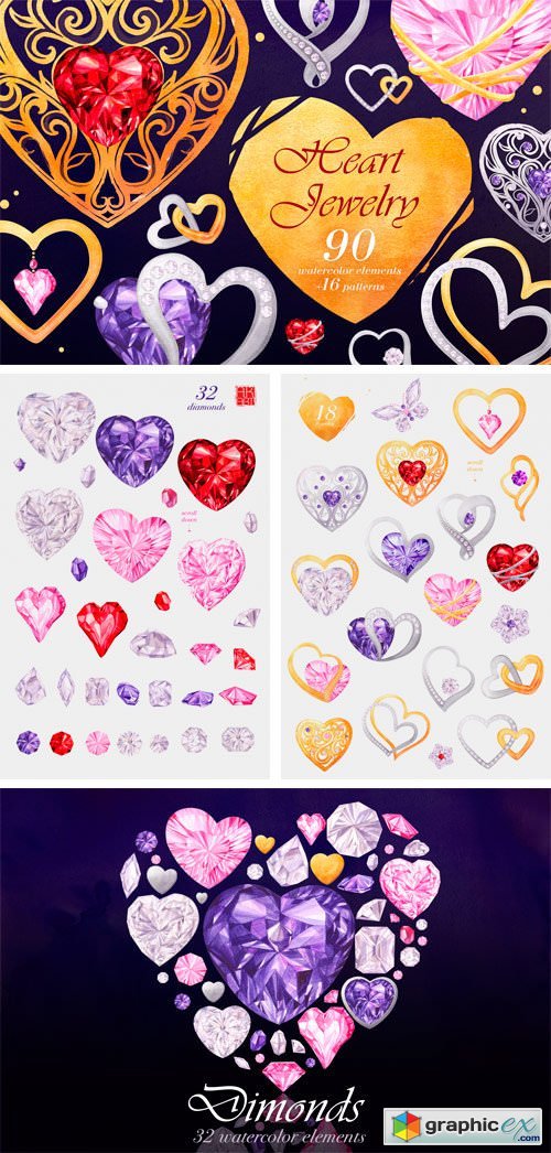 Watercolor Clipart: Heart Jewelry