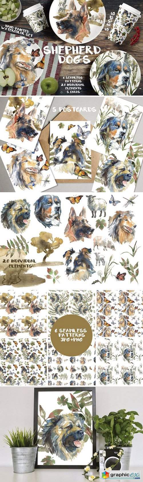 Shepherd dogs watercolor set