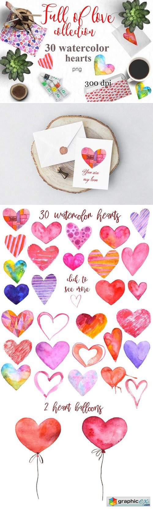 Watercolor hearts. Valentine&#039;s set