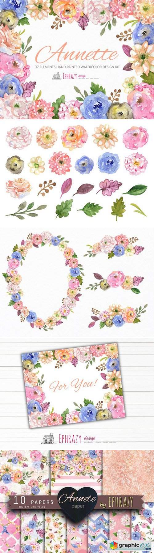 Annete floral bundle. Clipart paper