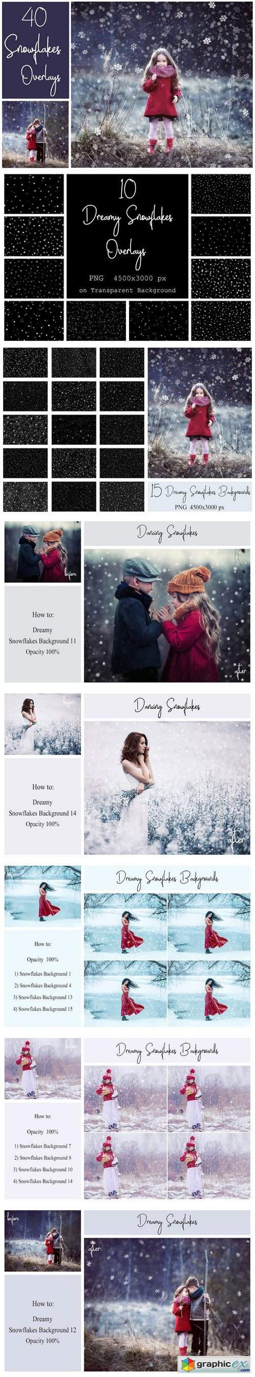 40 Dreamy Snowflakes PNG Overlays