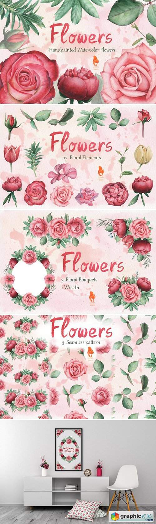 Flowers, Handpainted Watercolor