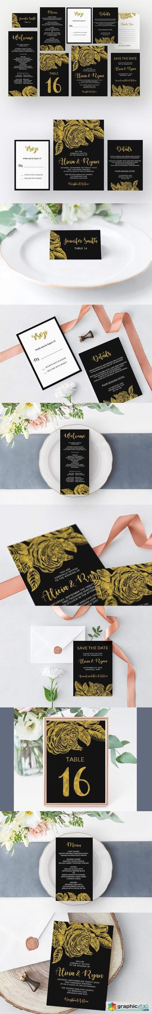 Gold roses flower black invitation