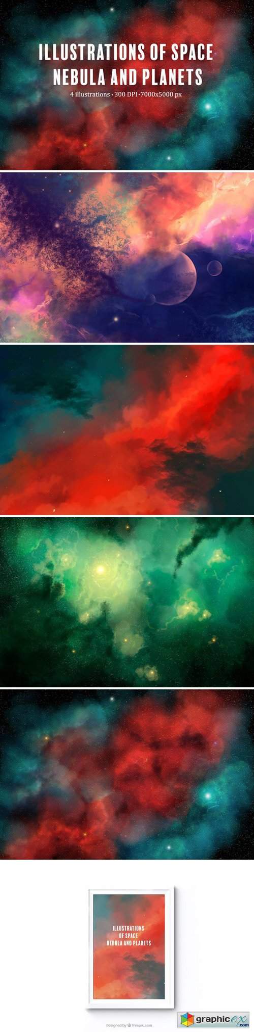 Colorful space nebula and planets