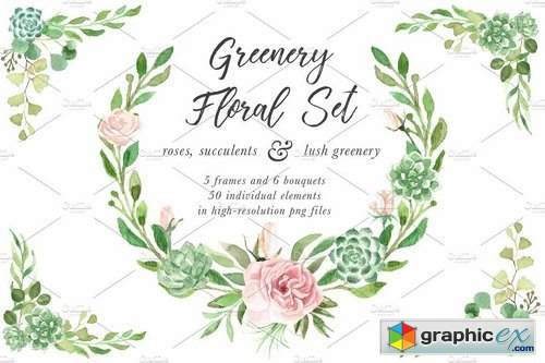 Watercolor Greenery Floral Set