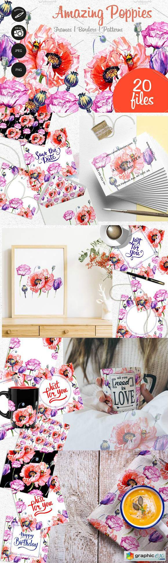 Amazing poppies PNG watercolor set