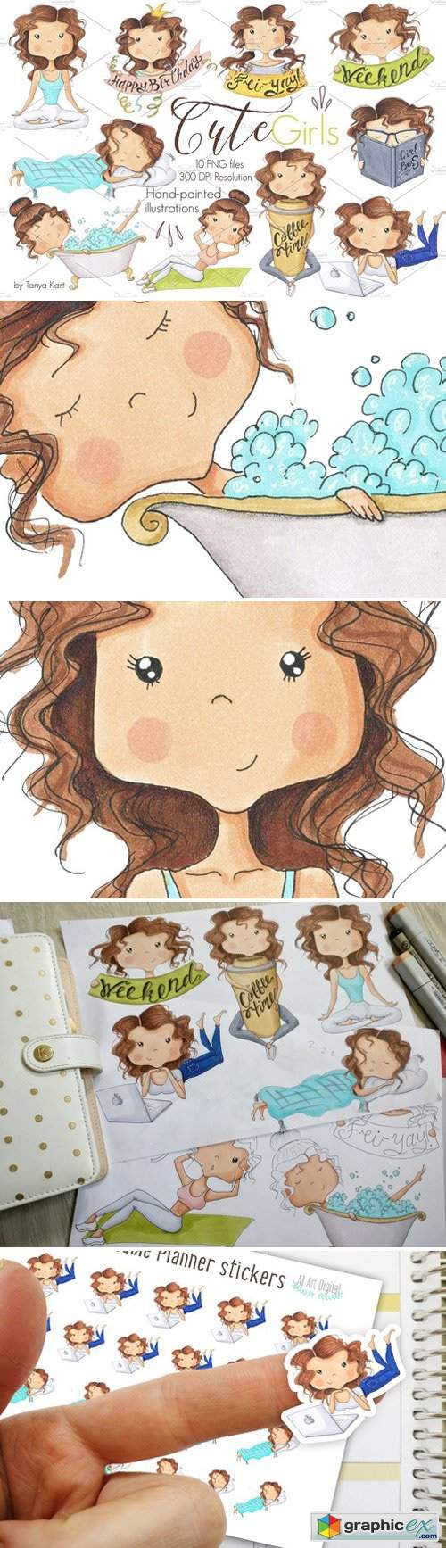 Hand-Painted Clipart Cute girls