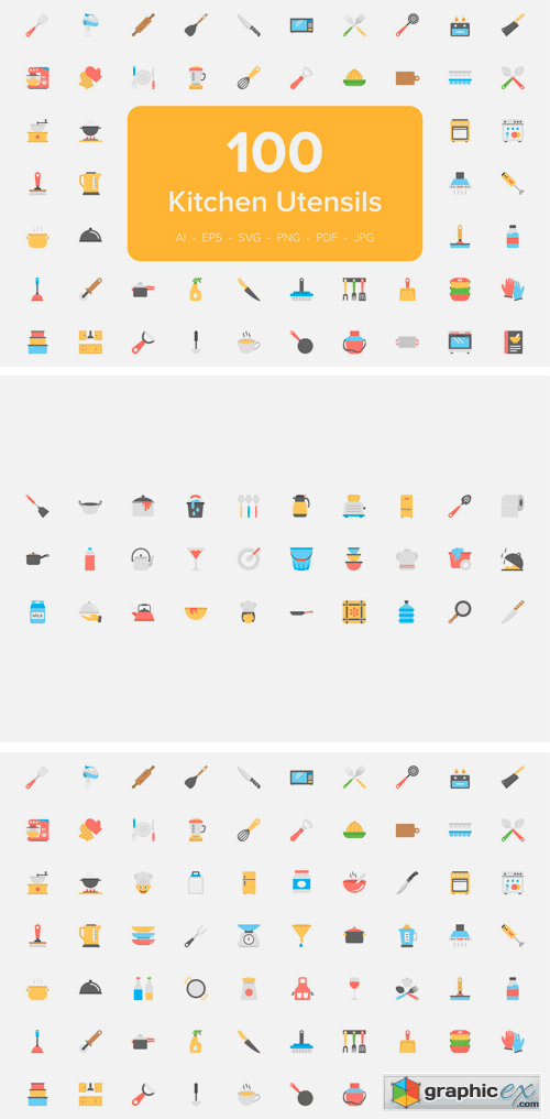 100 Kitchen Utensils Flat Icons