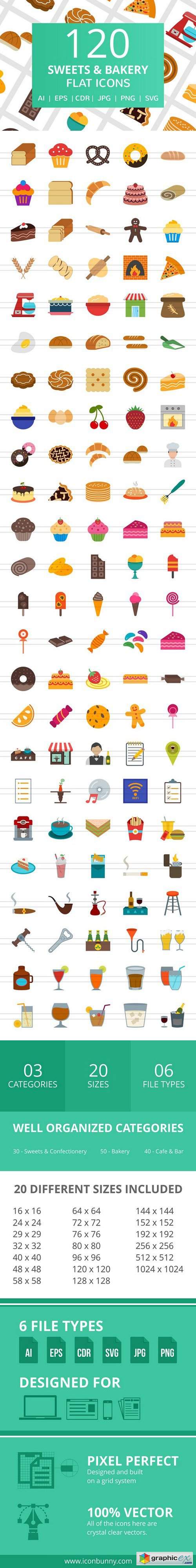 120 Sweets & Bakery Flat Icons