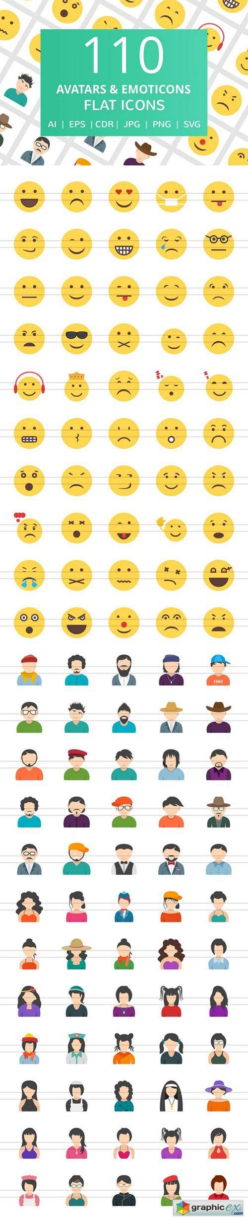 110 Avatars & Emoticons Flat Icons