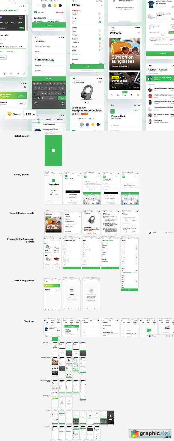 iPhone e-commerce app UI Kit - 70 sc