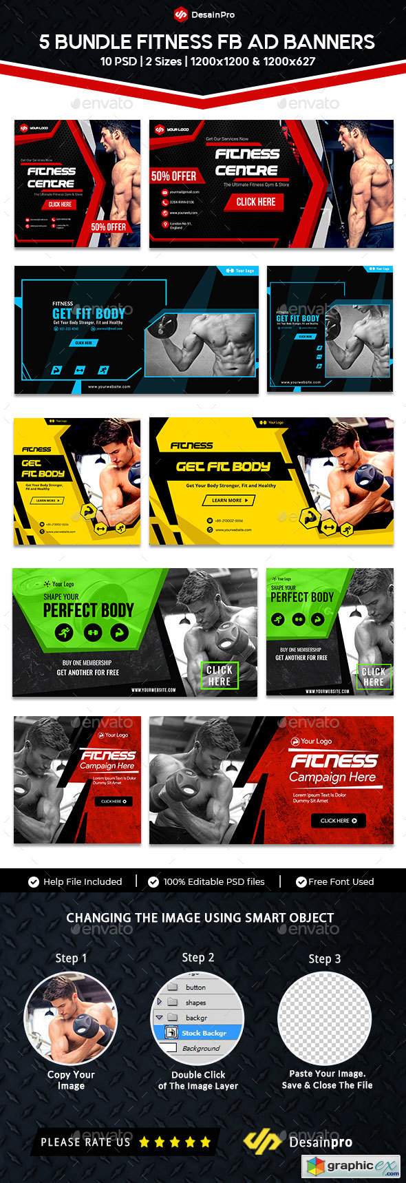 Gym & Fitness FB Ad Banner Bundle - 5 Sets - 10 PSD - AR