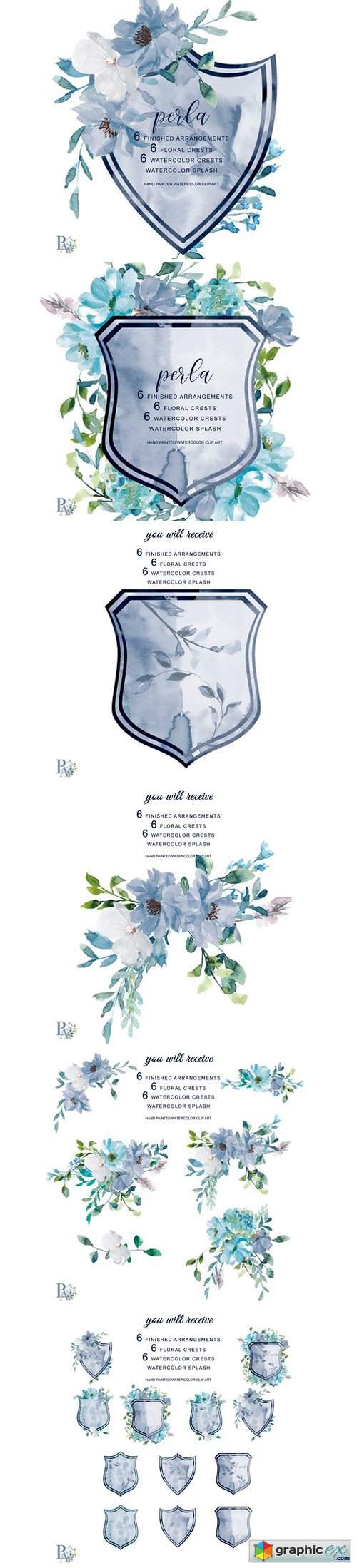 Watercolor French Blue Floral Crests