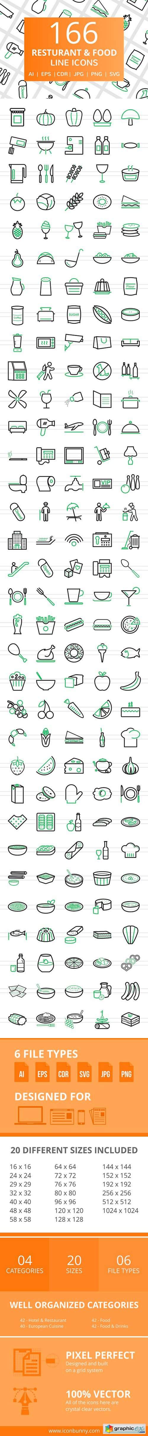 166 Restaurant & Food Line Icons