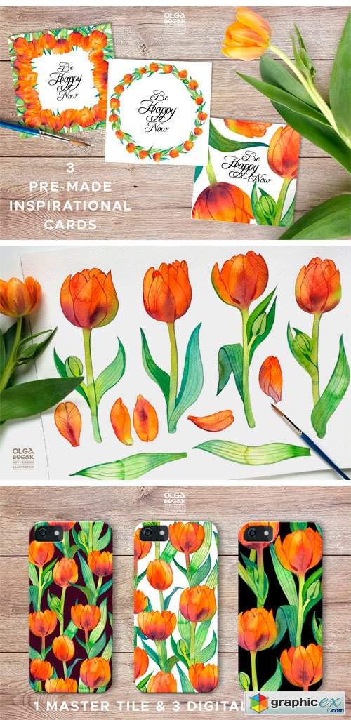 Fiery Tulips Watercolor Collection