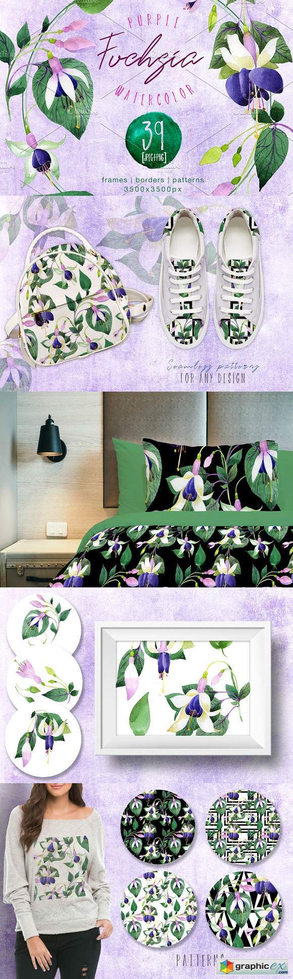 Purple fuchsia PNG watercolor set
