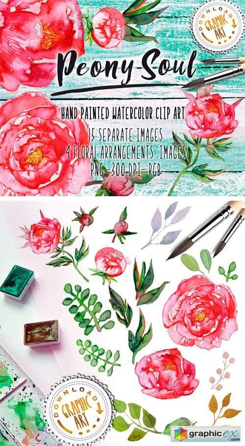 Watercolor Clipart; Peony Wreath 2391855