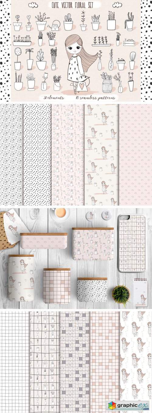 Cute Vector Pots and Patterns