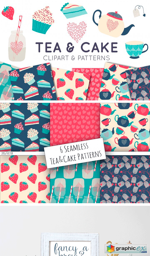 Tea & Cake Clipart and Seamless Pattern Collection