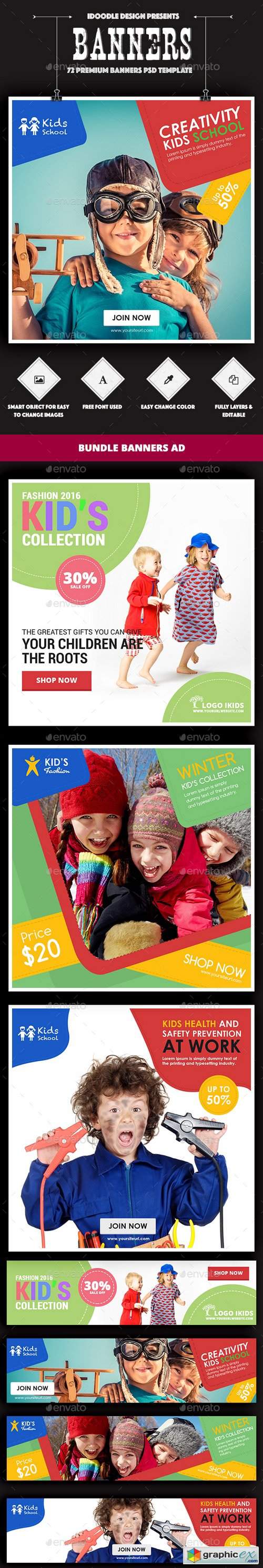Bundle Kids Creative & School Banners Ad - 72 PSD [04 Sets]