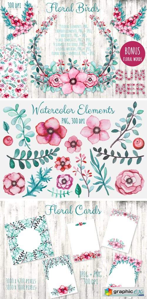 Watercolor Flowers and Birds Set