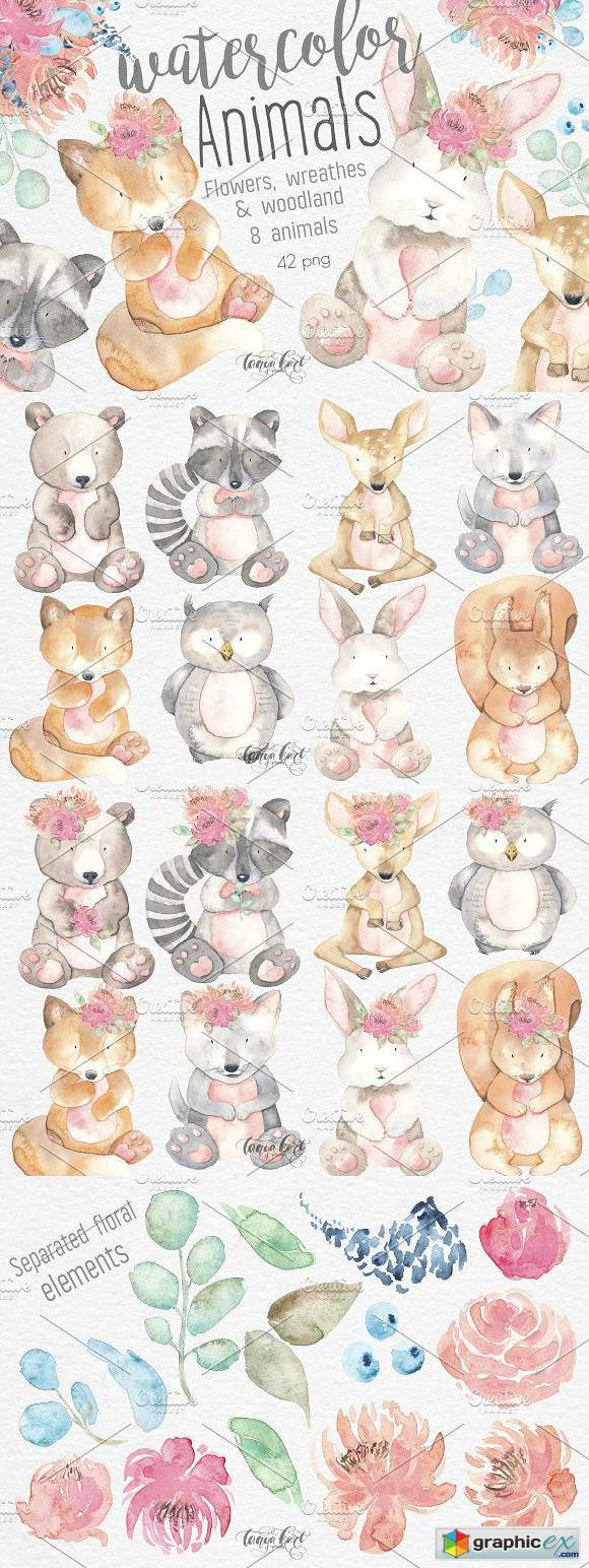 Watercolor Animals Flowers Clipart