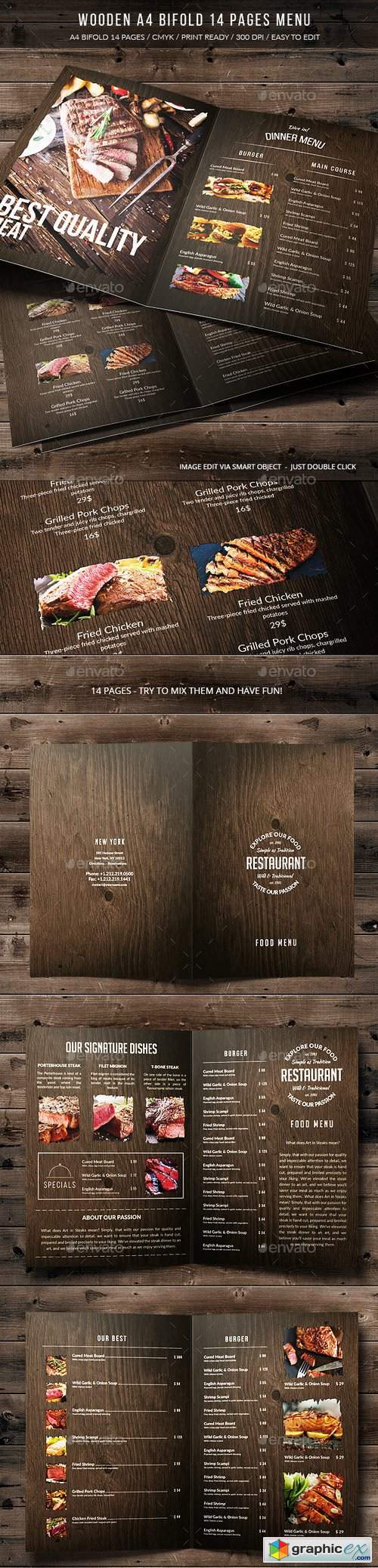 Wooden A4 Bifold 14 Pages Menu