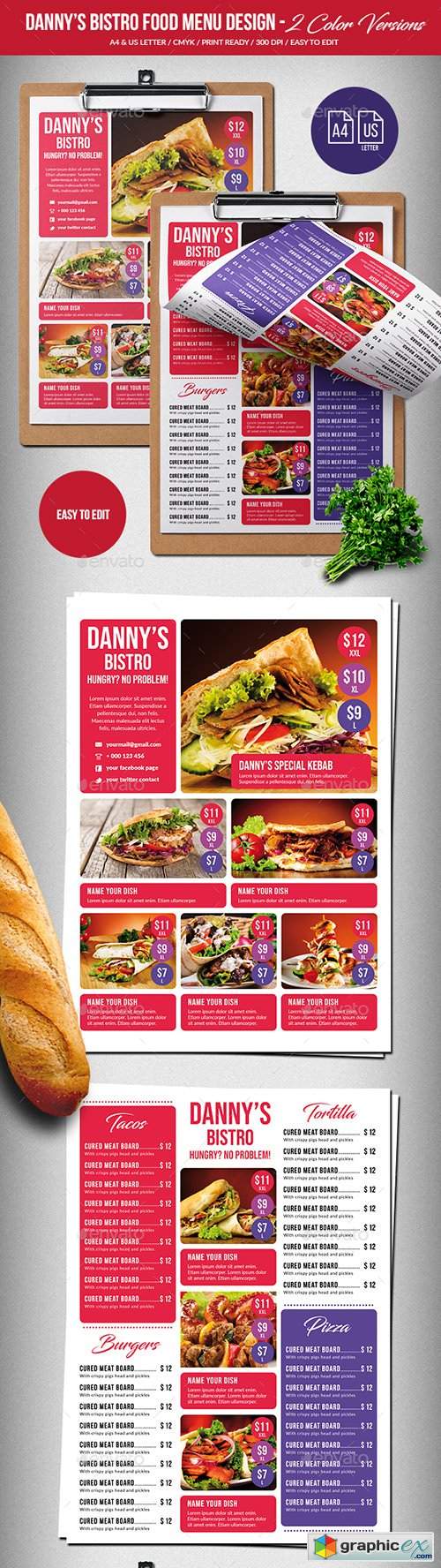 Dannys Bistro Food Menu Design A4 & US Letter