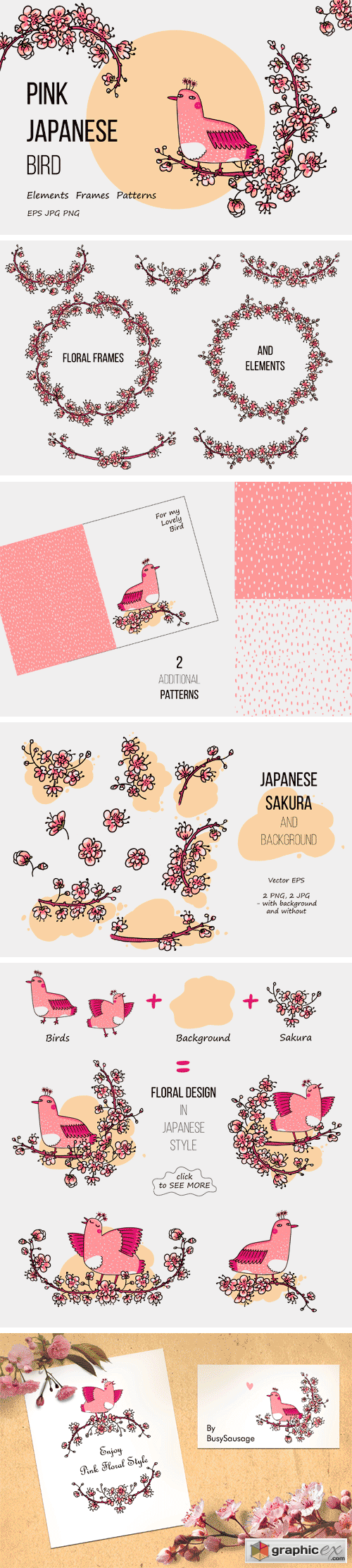 Pink Japanese Bird - Floral Set