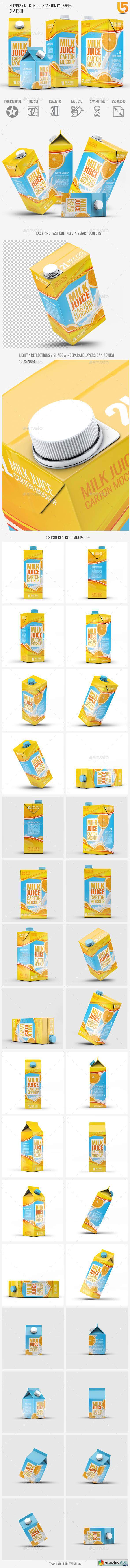 4 Types Milk Juice Cartons Bundle Mock-Up
