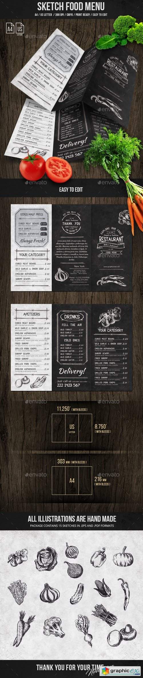 Sketch Trifold Food Menu A4 and US Letter