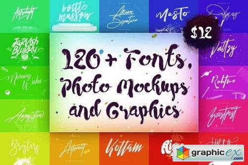 120+ Fonts, Photo Mockups and Graphics