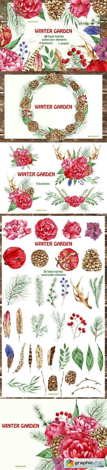 Watercolor set winter garden