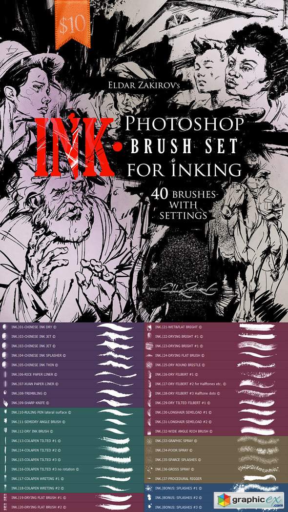 INK 40 Photoshop Brushes for Inking + Photoshop Action
