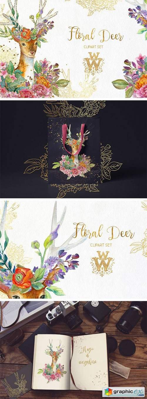 Watercolor Floral Deer Printable Clipart