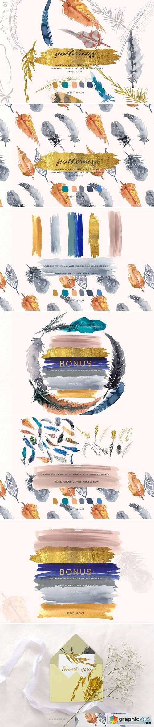 Watercolor & Gold Feather Clipart