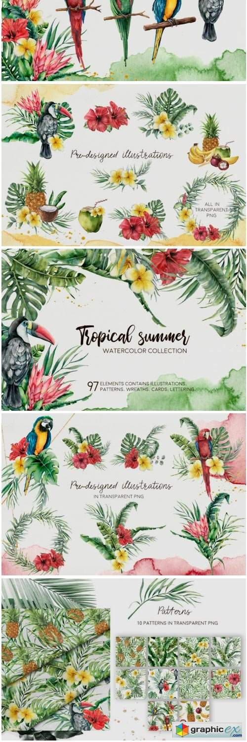 Tropical Summer Watercolor Clip Art