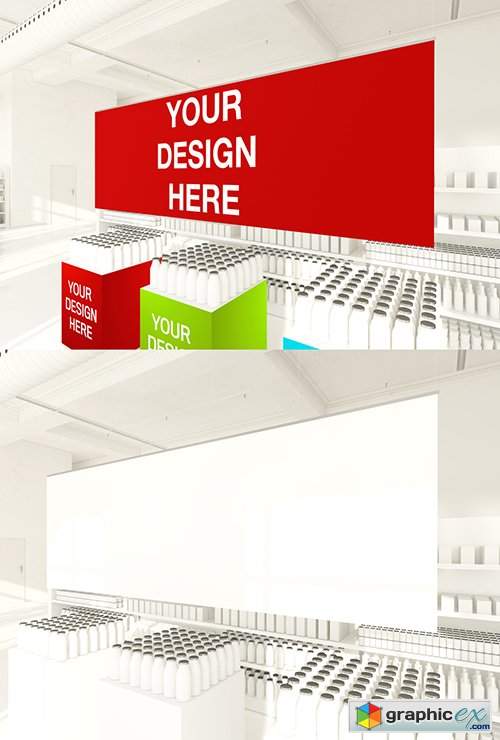 Hanging Poster and Shelves in a Supermarket Mockup