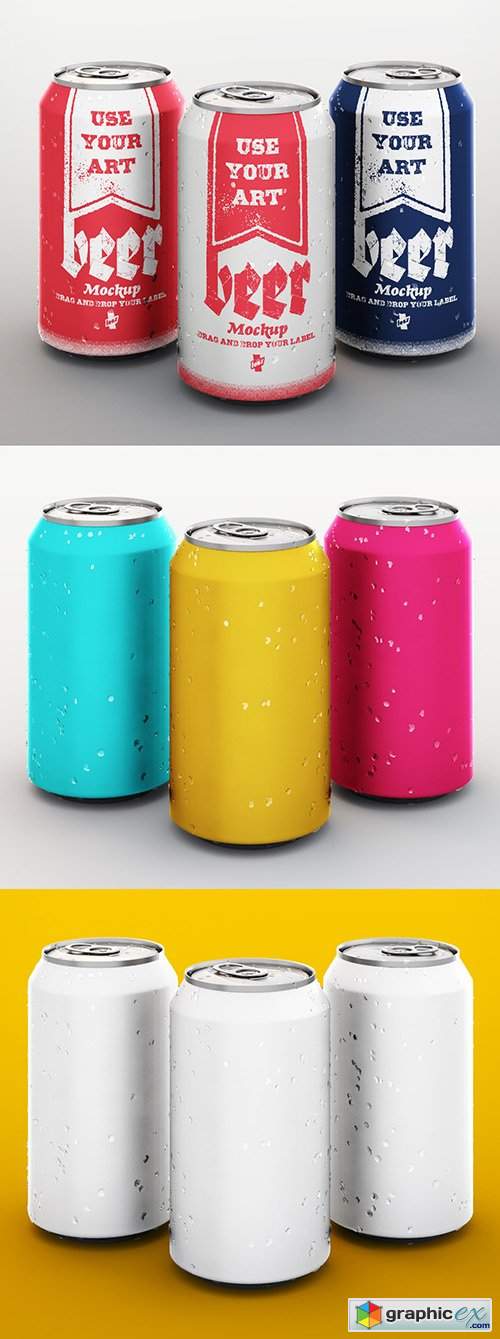 3 Beverage Cans Matte Product Packaging Design Mockup
