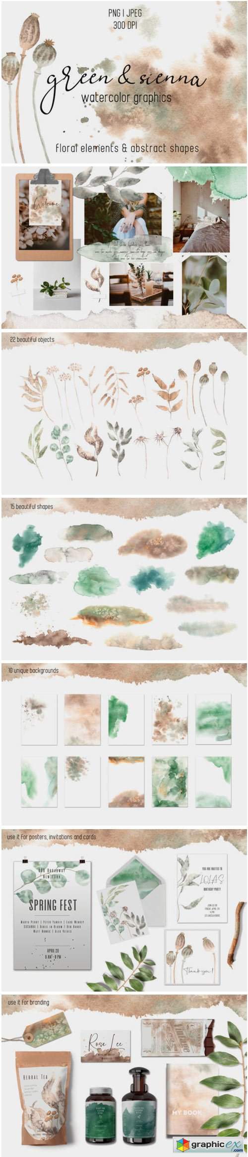 Green & Sienna Watercolor Collection
