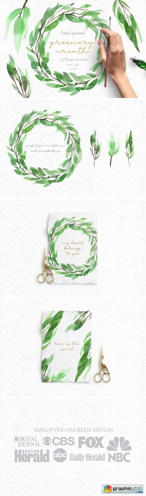 Greenery Watercolor Wreath Clipart Pack