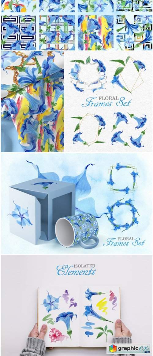 Blue Brugmansia Watercolor Png