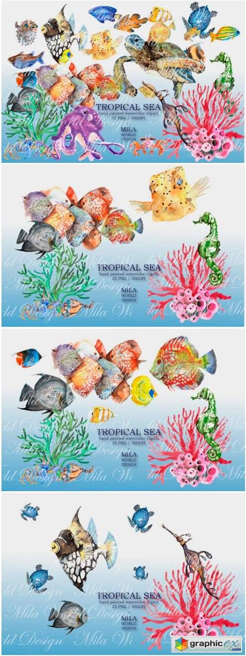 Tropical Sea Watercolor Clip Art