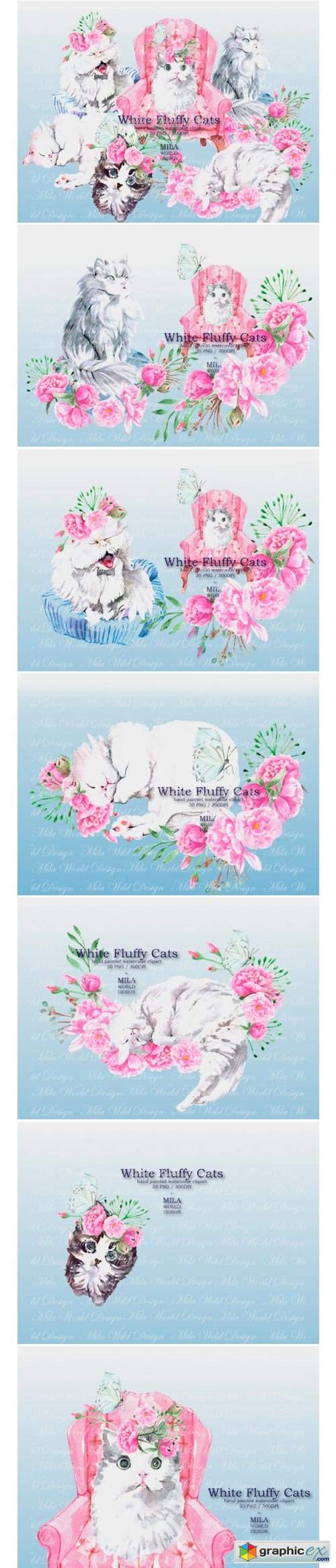White Fluffy Cats Watercolor Clip Art