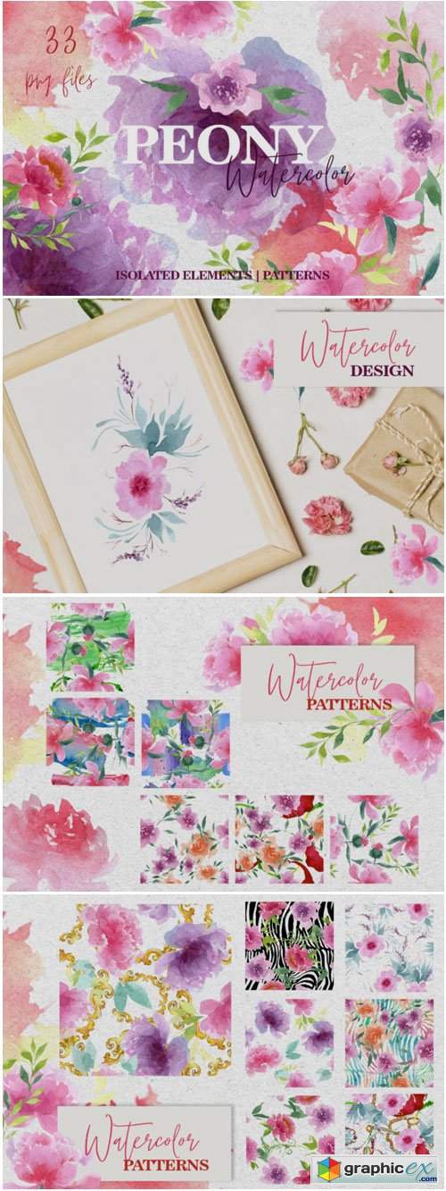 Watercolor Pink Peonies PNG Collection