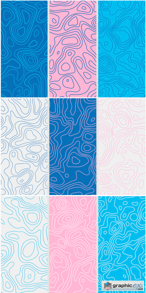 9 Topographic Maps Seamless Patterns