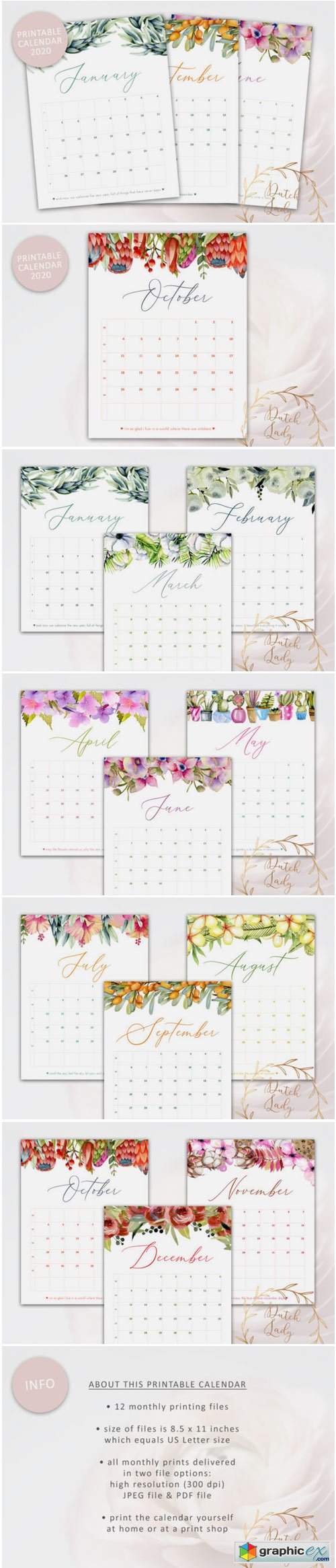 Printable Monthly Calendar 2020 Florals