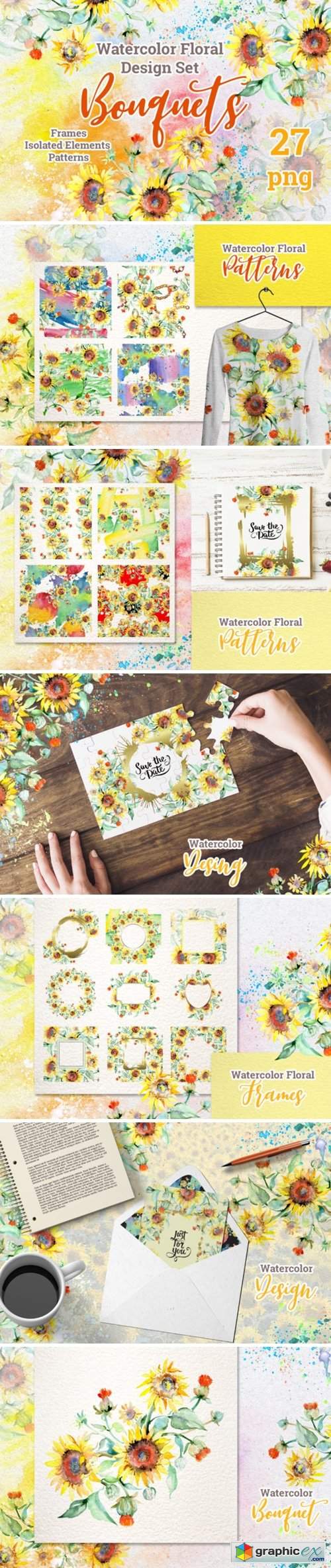 Watercolor Bouquets with Sunflowers PNG
