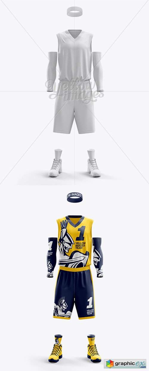 basketball jersey mockup Men’s full basketball kit with v-neck jersey mockup (front view) » free